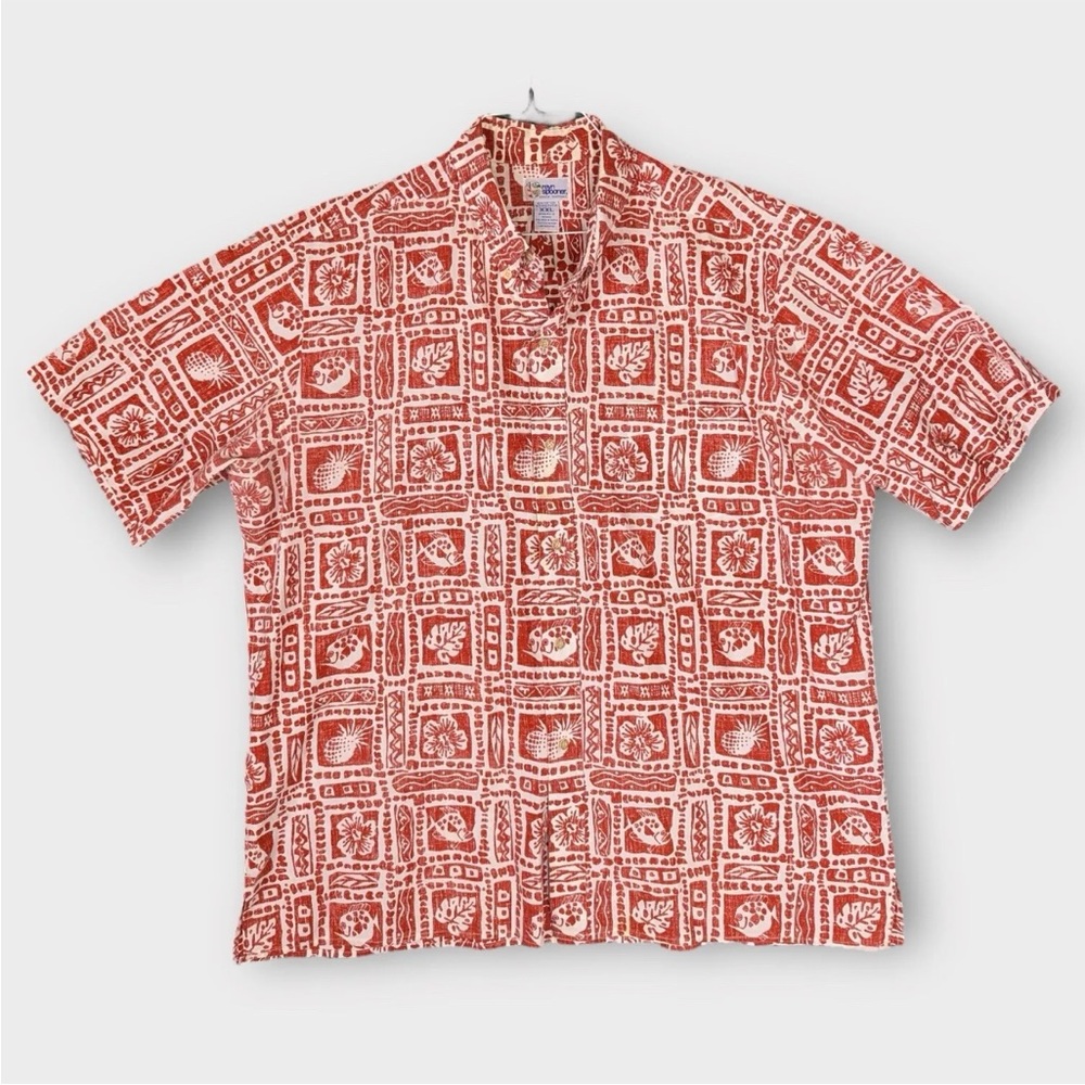 VTG Reyn Spooner Hawaiian Shirt Red XXL Reverse Print Classic Floral Fish Leaf